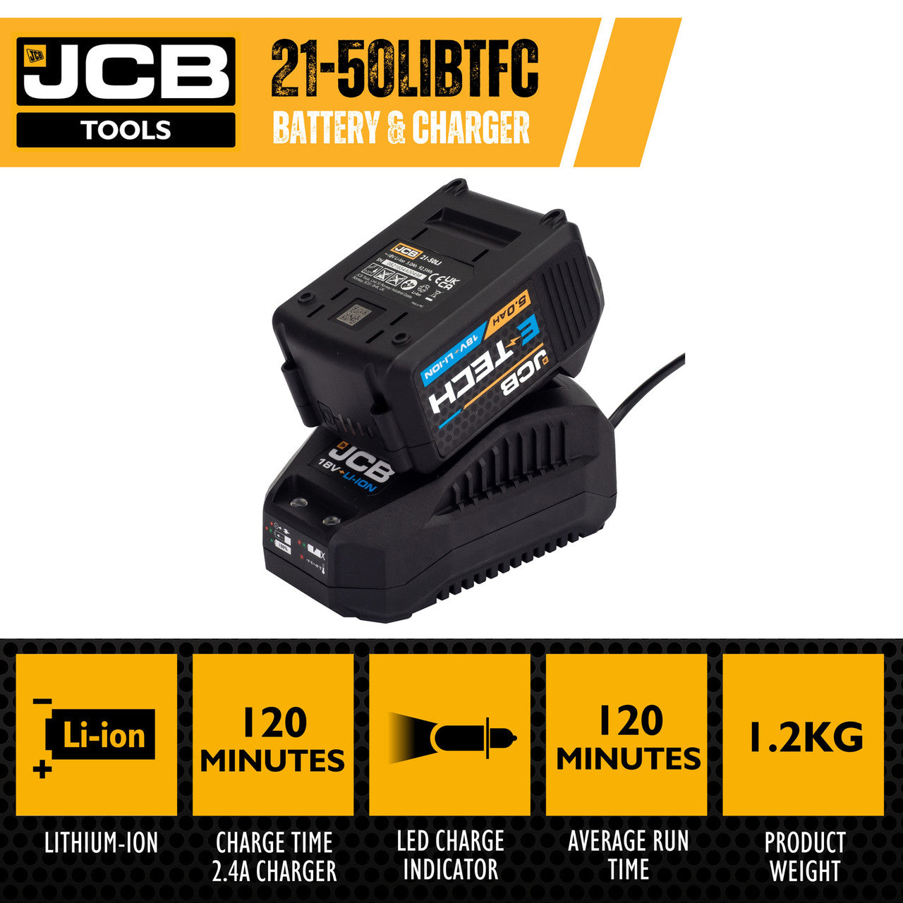 JCB 18V 5.0Ah Lithium-ion Battery and 2.4A Fast Charger | 21-50LIBTFC