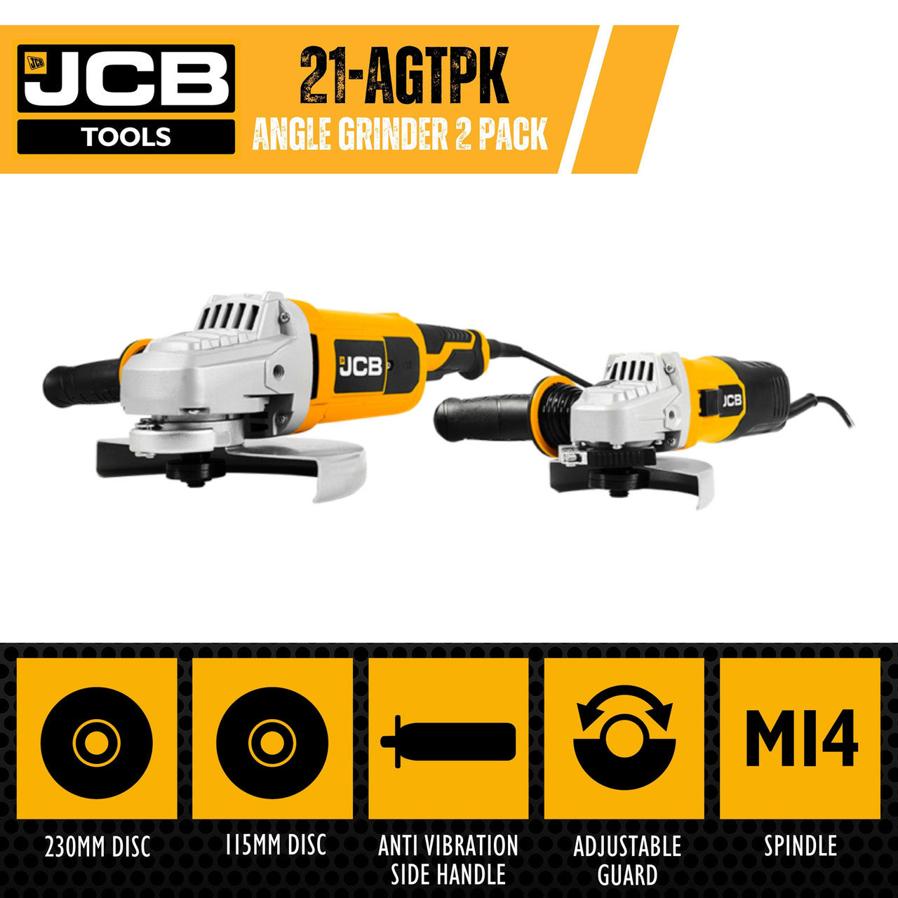 JCB Corded Electric Angle Grinder Twin Pack - 115mm, 230mm | 21-AGTPK