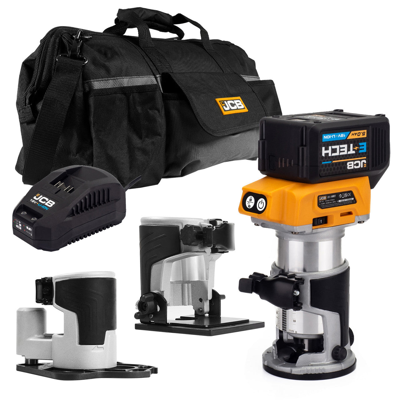 JCB 18V B/L Router with 3x bases (trimmer, offset, incline) 5.0ah battery and charger in 20" kit bag | 21-18RTKIT-5X-B
