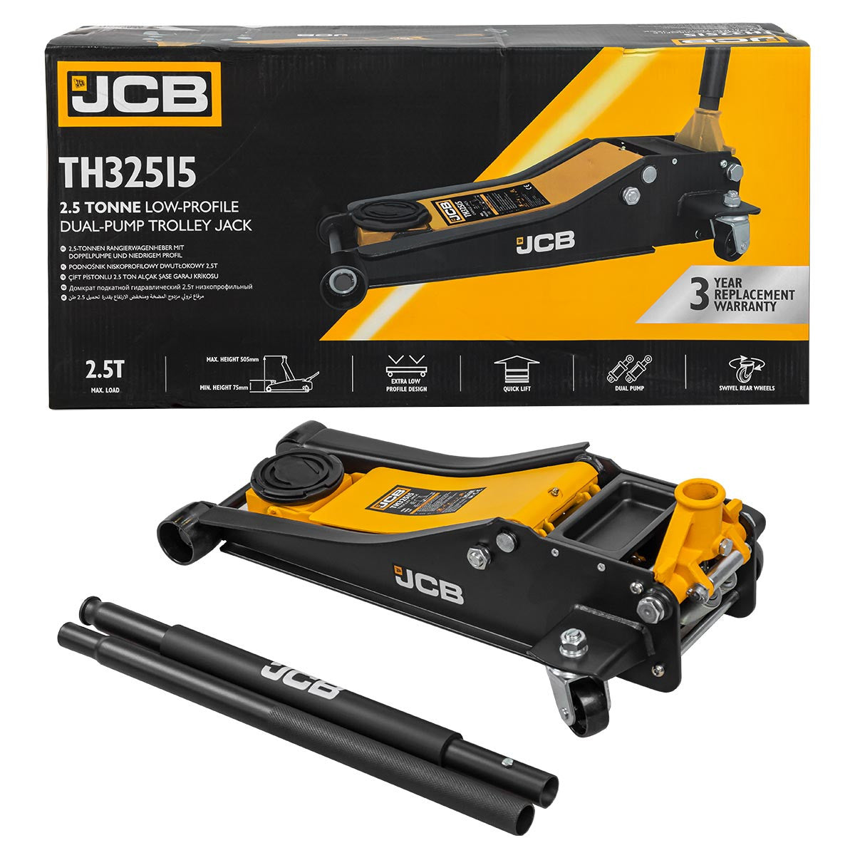 JCB 2.5 Tonne Low-Profile Double-Pump Trolley Jack | JCB-TH32515JCB 2.5 Tonne Low-Profile Double-Pump Trolley Jack | JCB-TH32515