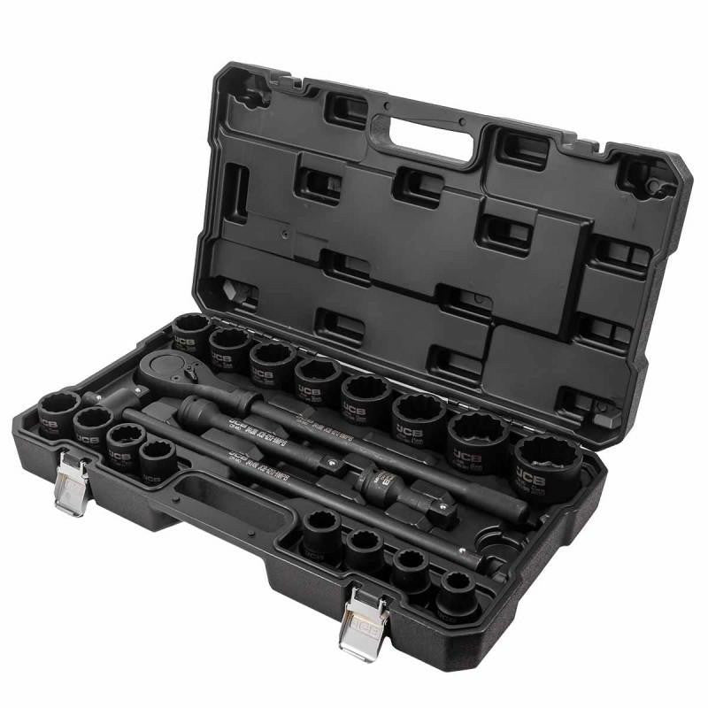 The JCB-6213-9MPB - is 21 piece tool set that includes impact sockets, ratchets, breaker bars, and extensions