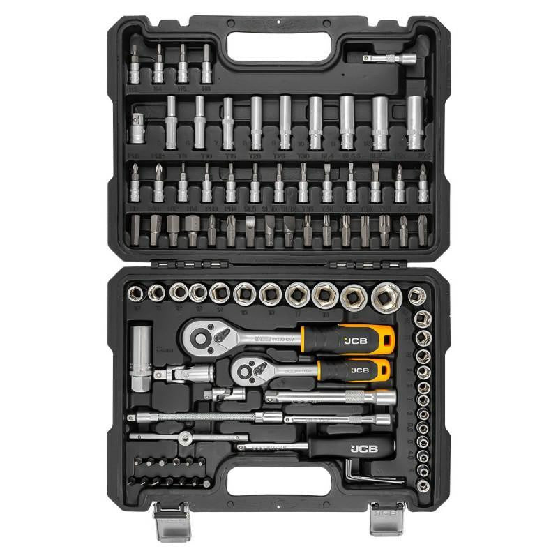 The JCB 94 Piece Tool Set, - JCB-4941-5DS is a comprehensive 1/4'' and 3/8'' Socket and Bit Set for repair and maintenance tasks, from automotive servicing to construction projects.