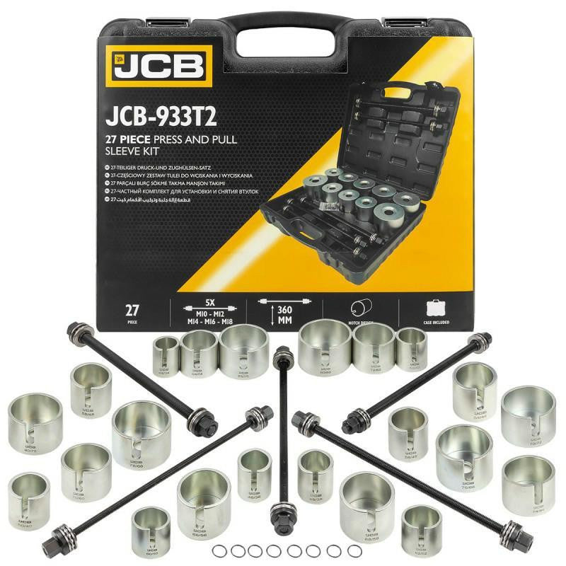 The JCB 27 Piece Silent Block, Bush, and Bearing puller/removal Tool Kit is a versatile and comprehensive set designed for replacing silent blocks, bushes, and bearings.