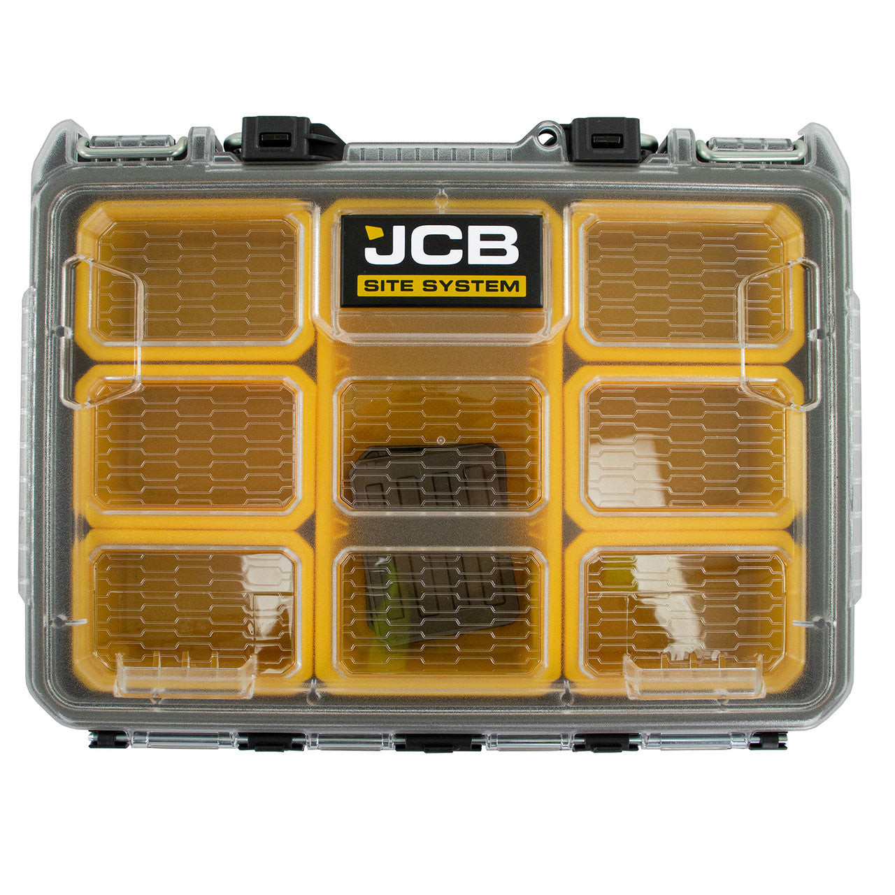 This tool organiser features a flexible internal storage system 1 large bin, 2 adjustable dividers, and 6 small bin compartments