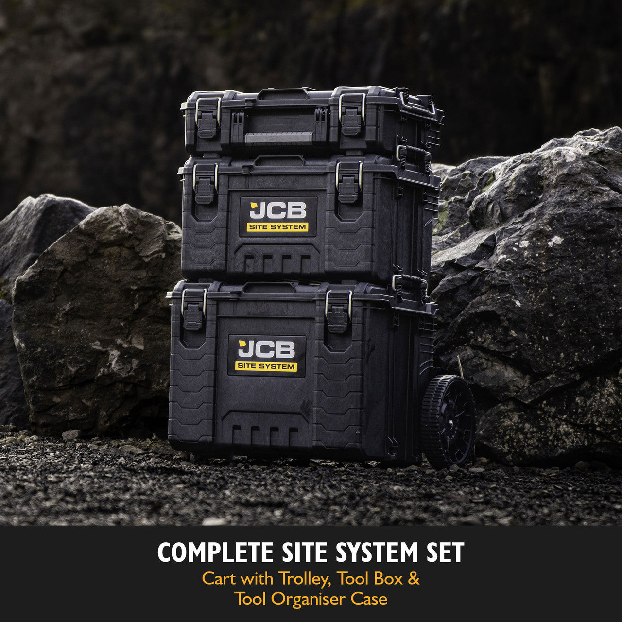 JCB Site System, 3-Piece Modular Tool Storage, Box and Organiser with Cart, 9’’ Wheel | JCB-SITESYS-ST