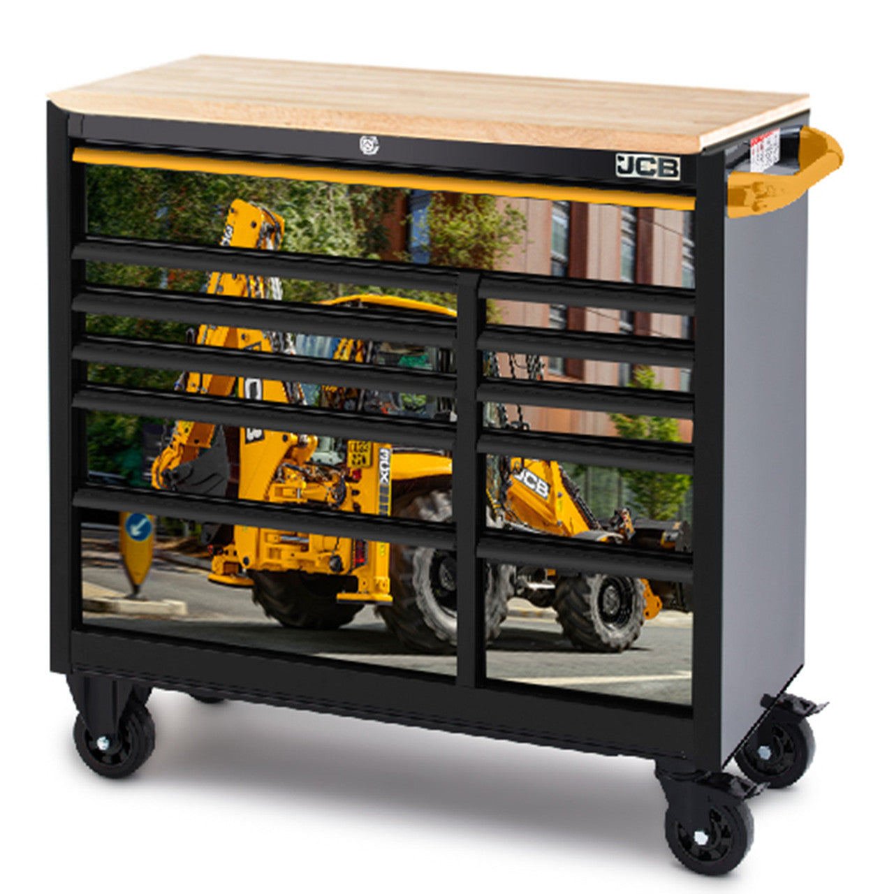JCB 42’’ Roller Tool Cabinet, 11 Drawers, Steel with Hardwood Worktop and Backhoe Loader Wrap  JCBRCBB