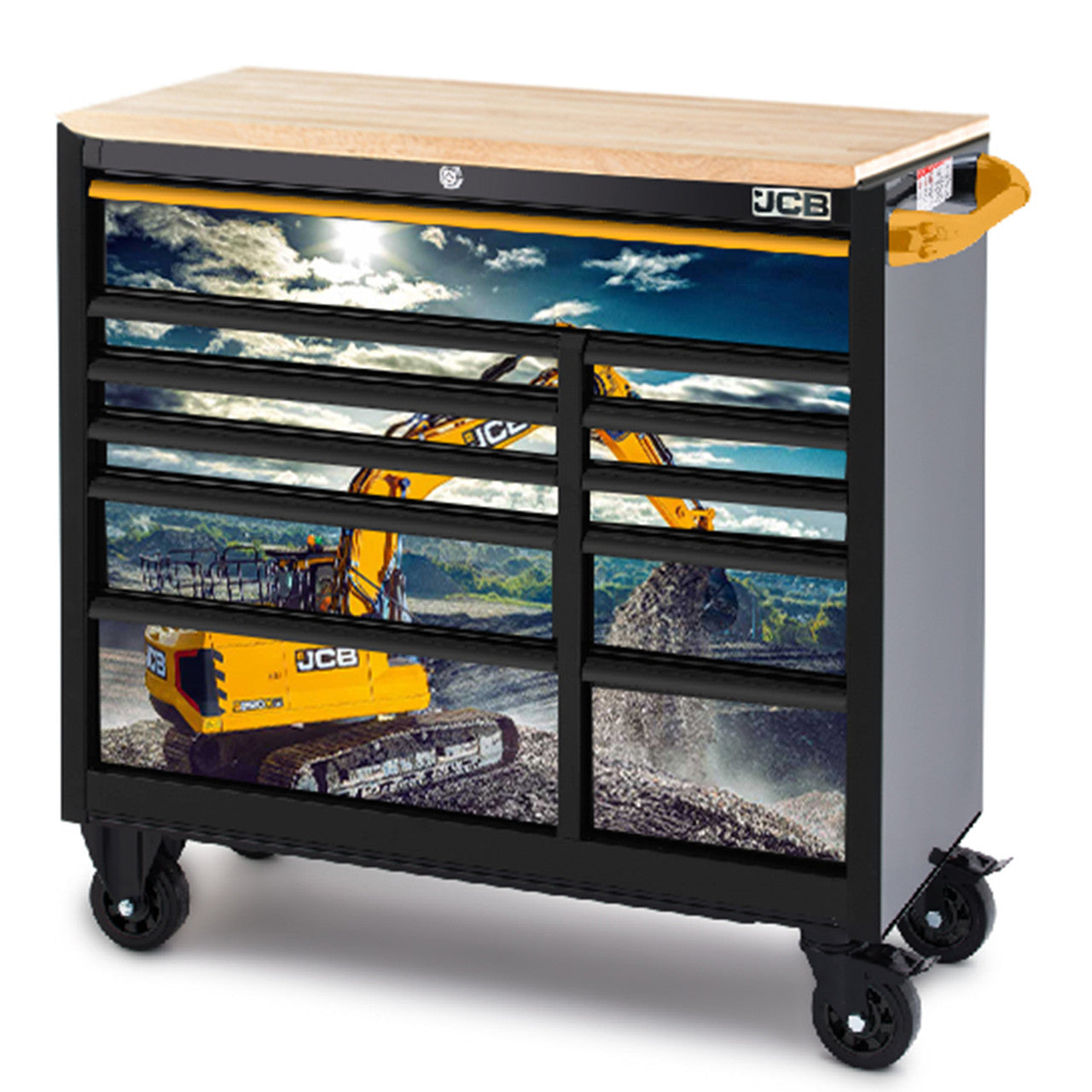 JCB 42’’ Roller Tool Cabinet, 11 Drawers, Steel with Hardwood Worktop and Excavator Wrap  JCBEXCRCBB