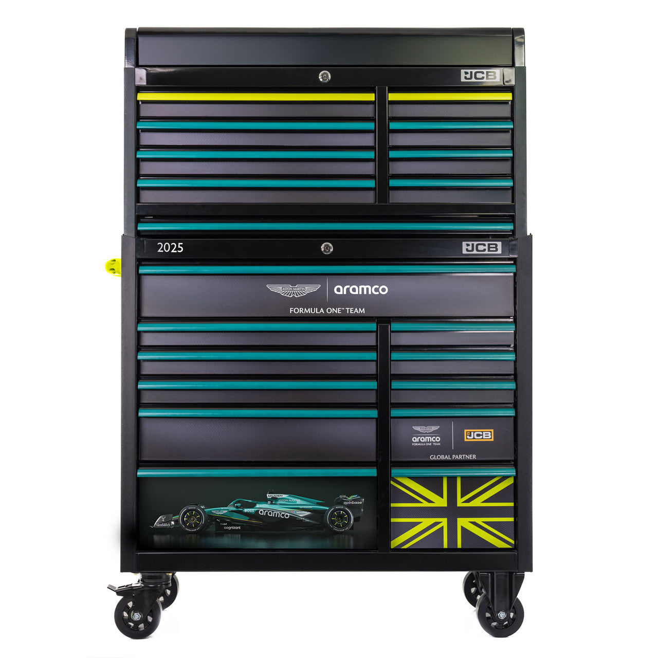 In The Box: 1 x 11-Drawer Roller Cabinet 1 x 8-Drawer Top Tool Chest 2 x Keys (coded tubular lock system) 4 x Heavy-Duty Casters (2 fixed, 2 swivel with lock) Instruction Manual AMR25 Full-Colour Car Artwork Panel (pre-fitted)