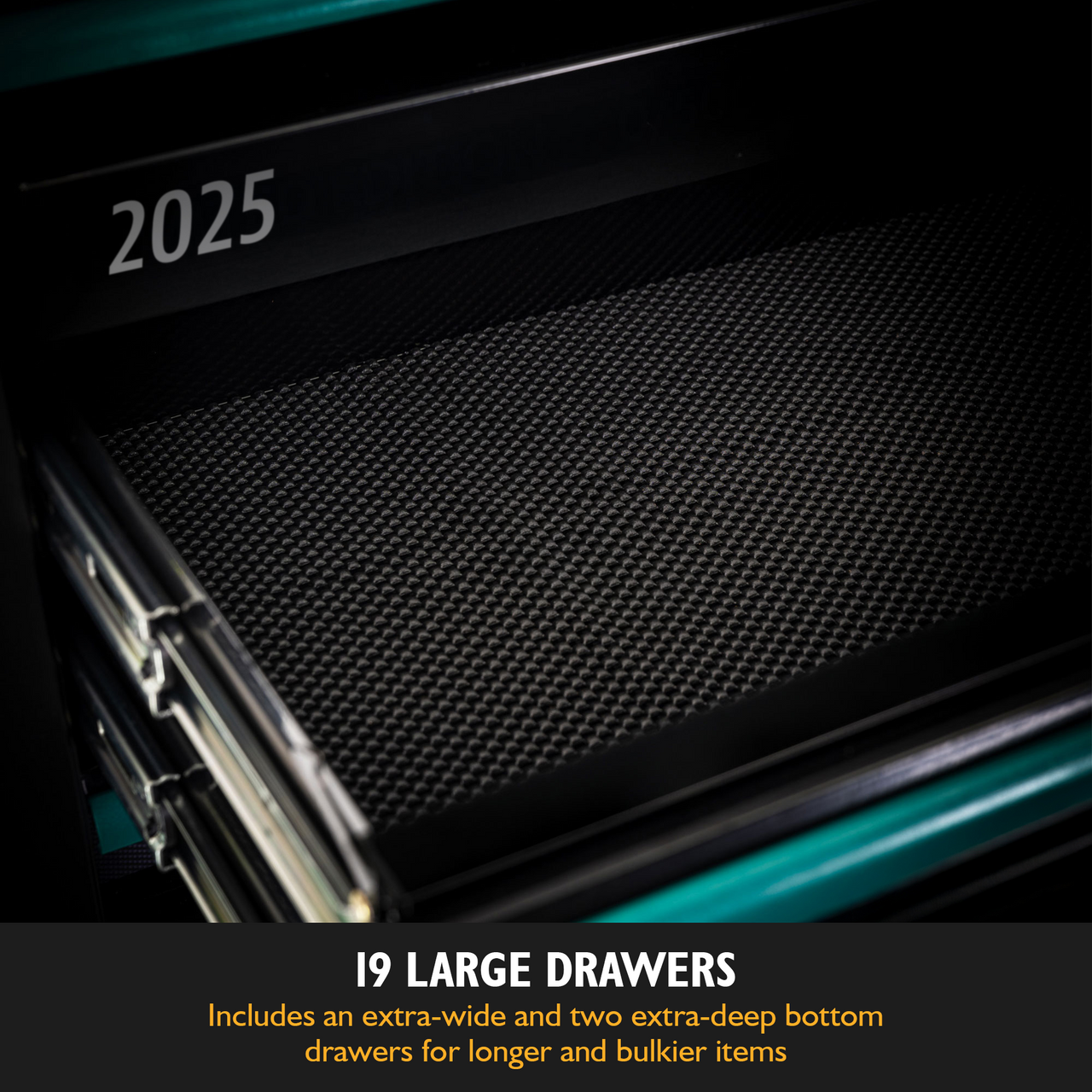 19 Large Drawers , includes an extra-wide and two extra-deep bottom drawers for longer and bulkier items