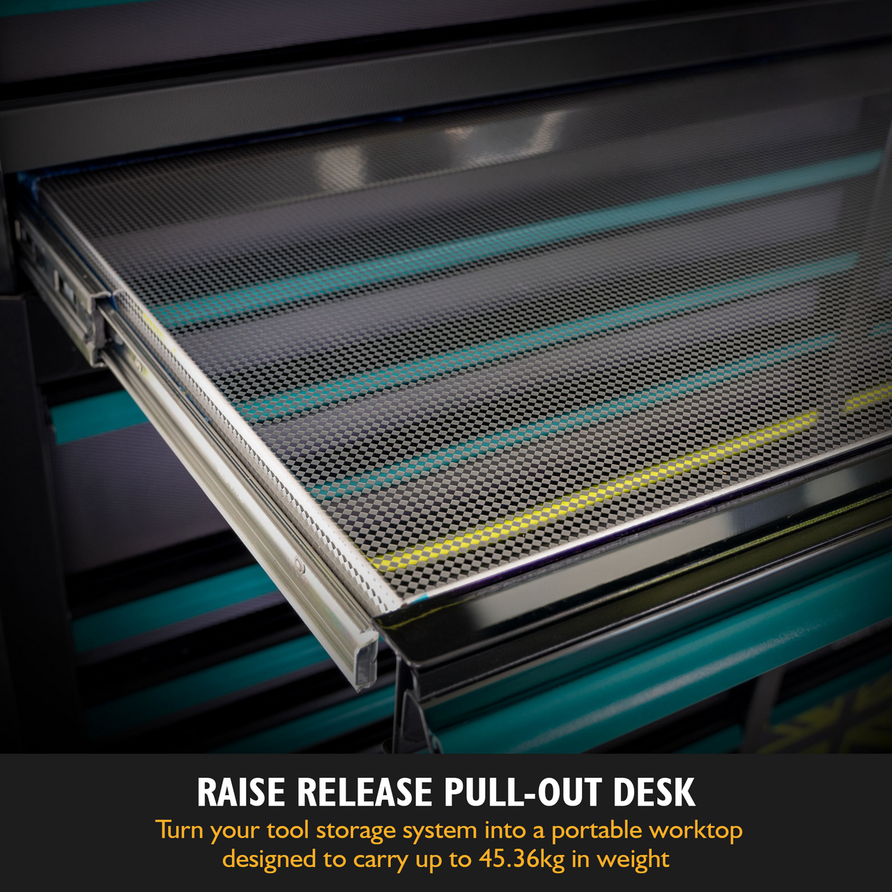 Raised release pull-out desk - turn your tool storage system into a portable worktop designed to carry up to 43.36kgs in weight.