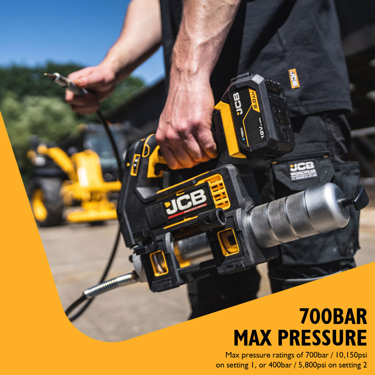JCB Pro 18V Grease Gun, 300g/min Max Flow, 410 / 455g Capacity, Variable Speed, Up To 10,150psi Pressure (Bare Tool) | JCB-18PGG-VS