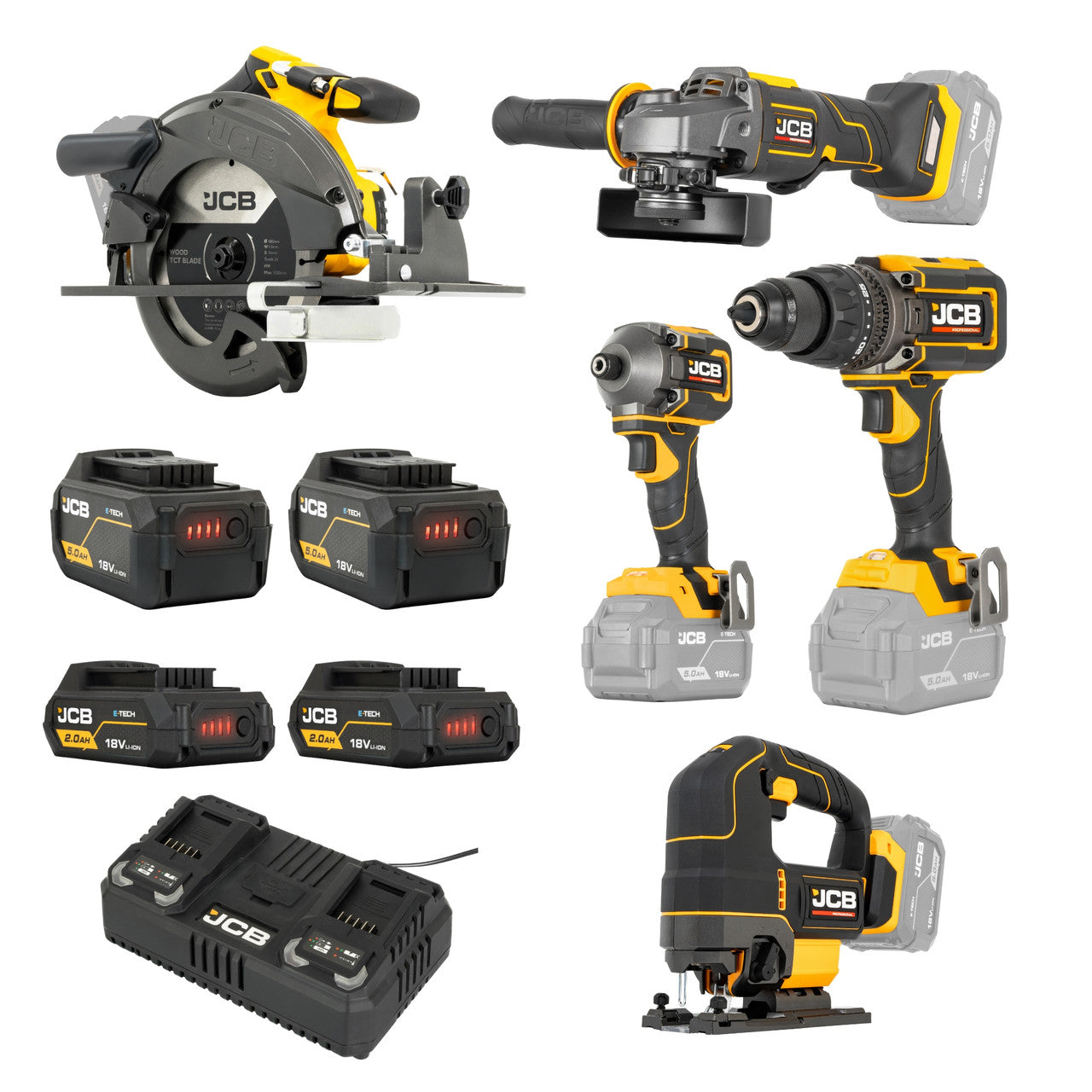 JCB 18V 5-Piece Pro Kit, Combi Drill (160Nm), Impact Driver (230Nm), Circular Saw (185mm), Angle Grinder (115mm), Jigsaw, 2x2Ah & 2x5Ah Batteries, Dual 4.5A Fast Charger & Soft Tool Bag | JCB-18PKIT-8