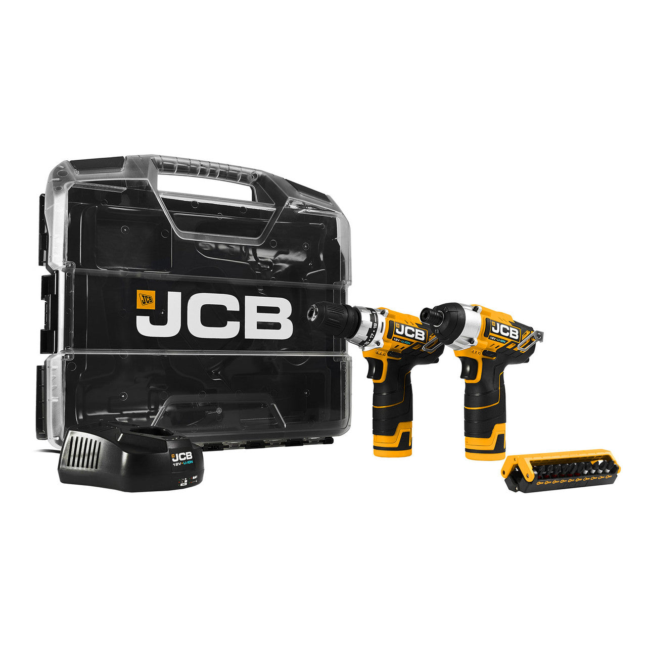JCB 12V Cordless Combi Drill and Impact Driver Twinpack with 2x 2.0Ah Li-ion Batteries & Fast Charger in W-Boxx 102 Power Tool Case | 21-12TPK-WB-2