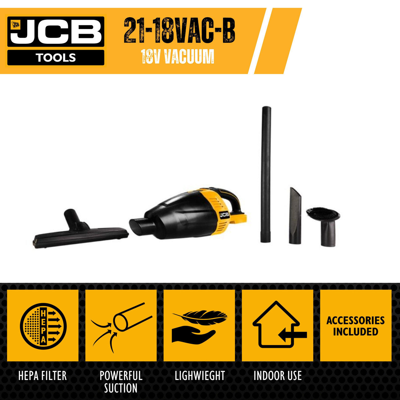 JCB 18V Handheld Vacuum Cleaner, 50mbar Max. Pressure, 2-5Ah | 21-18VAC-B - Bare Unit