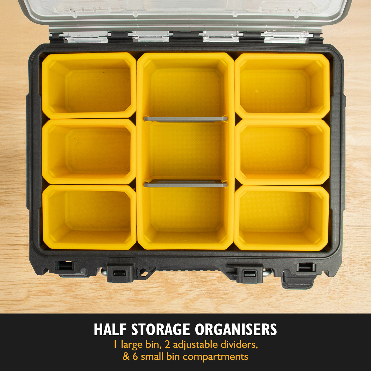 Half - Storage organisers - 1 large bin, 2 adjustable dividers and 6 small bin compartments  