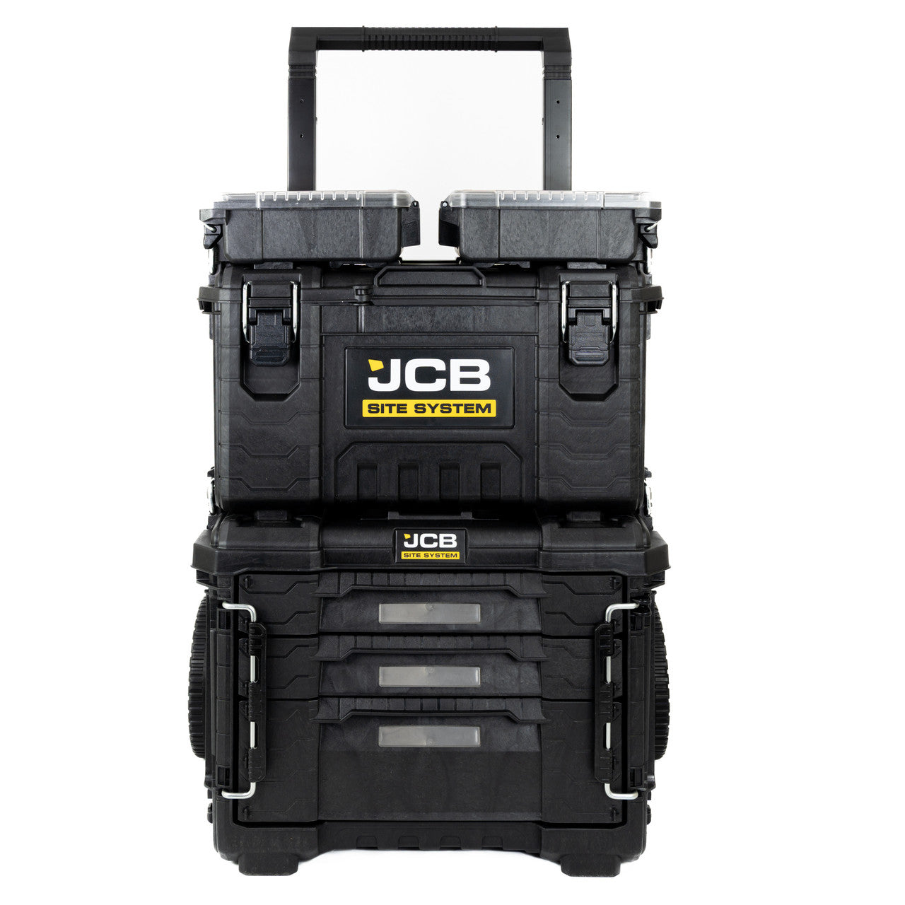 This set includes the JCB Site System Cart, 2 x Half Storage Organisers, JCB Site System Tool Box and a 3 Drawer Organiser.