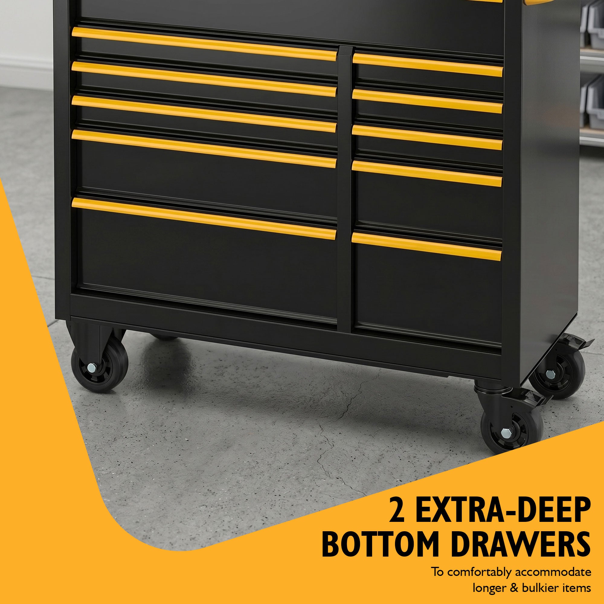 JCB Classic Design 42’’ Roller Tool Cabinet, 11 Drawers, Steel with Hardwood Worktop | JCBRCBB